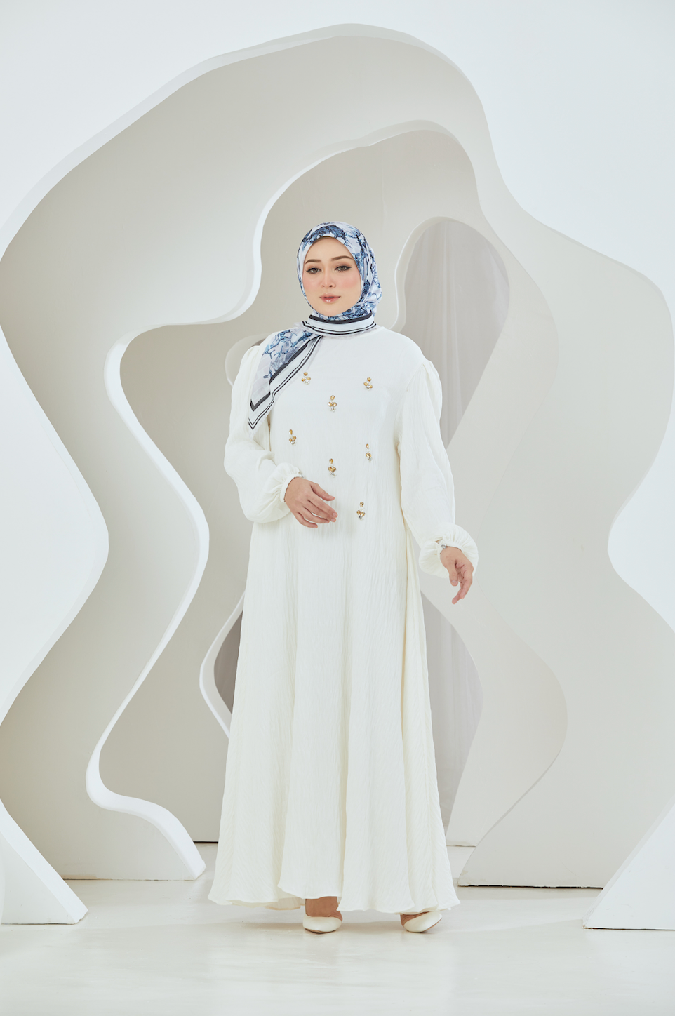 Crinkled Rayon Embellished Maxi Dress - White