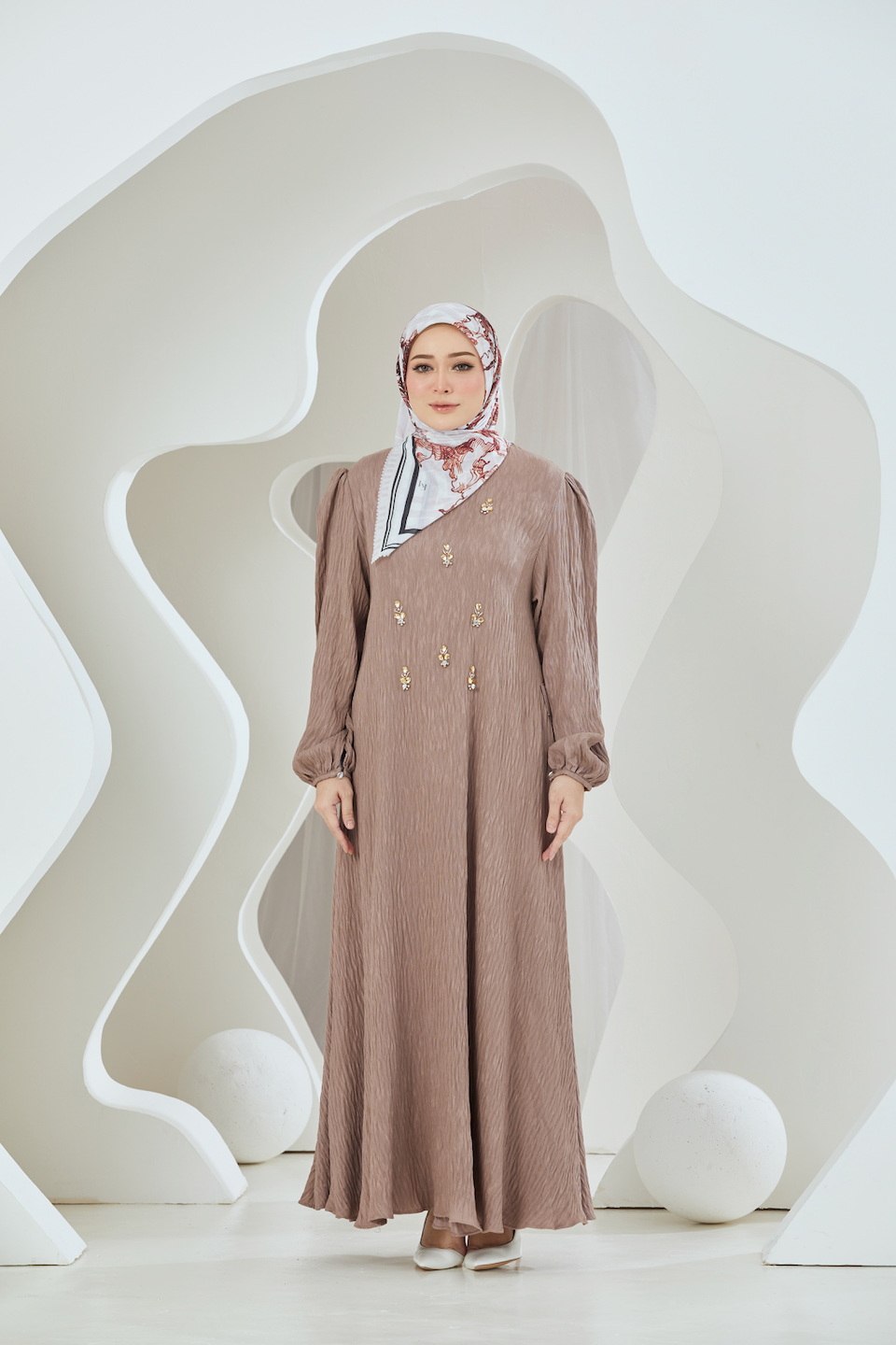 Crinkled Rayon Embellished Maxi Dress - Dusty Pink Fatimah Mohsin Singapore Crinkled Rayon Embellished Maxi Dress - Dusty Pink Fatimah Mohsin Singapore