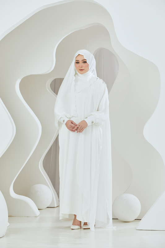 Embellished Duchess Satin Abaya - White