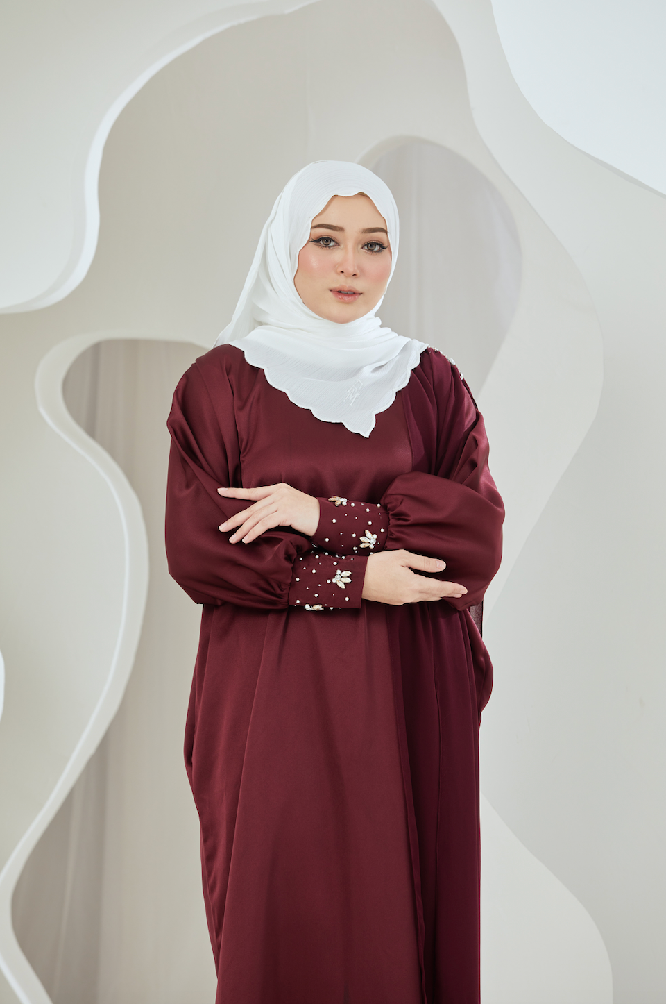 Embellished Duchess Satin Abaya - Oxblood