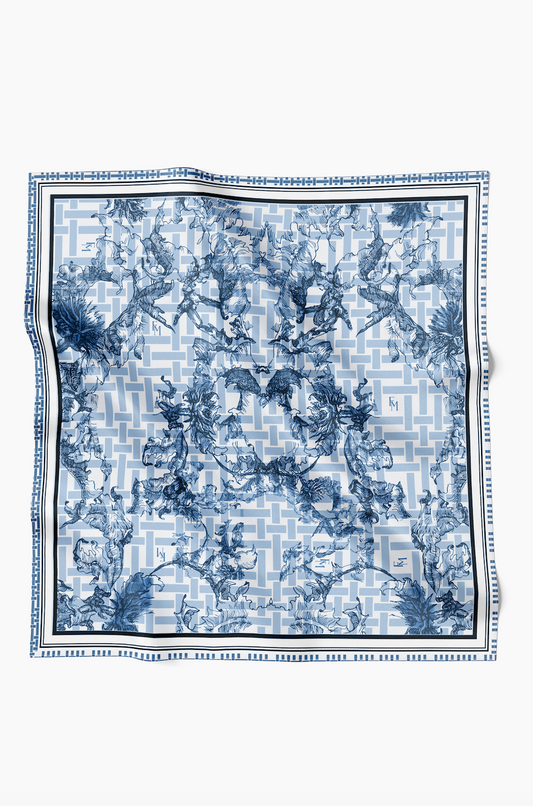 Oriental Blooms Geometric Scarf in Cotton Voile - Navy