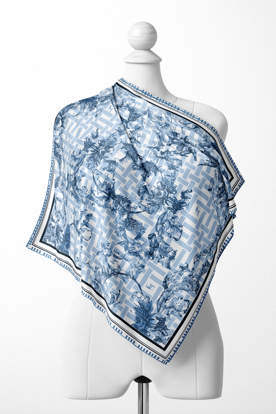 Oriental Blooms Geometric Scarf in Cotton Voile - Navy