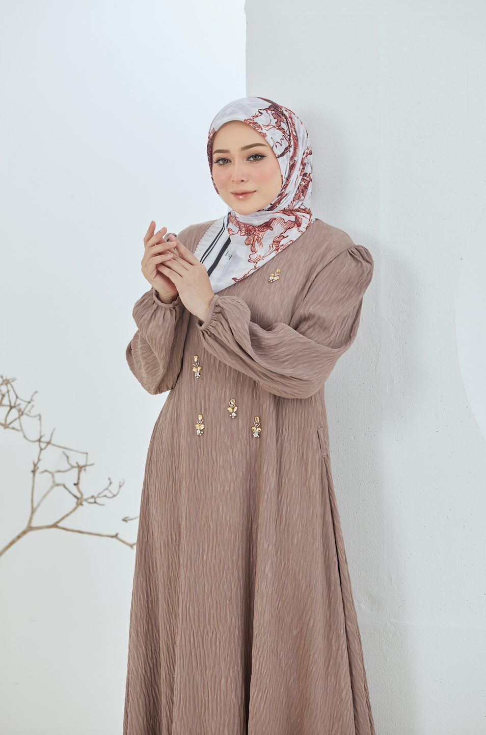 Oriental Blooms Geometric Scarf in Cotton Voile - Rust