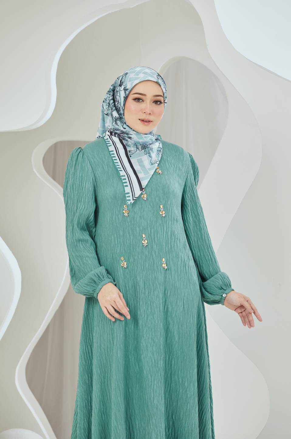 Oriental Blooms Geometric Scarf in Cotton Voile - Teal