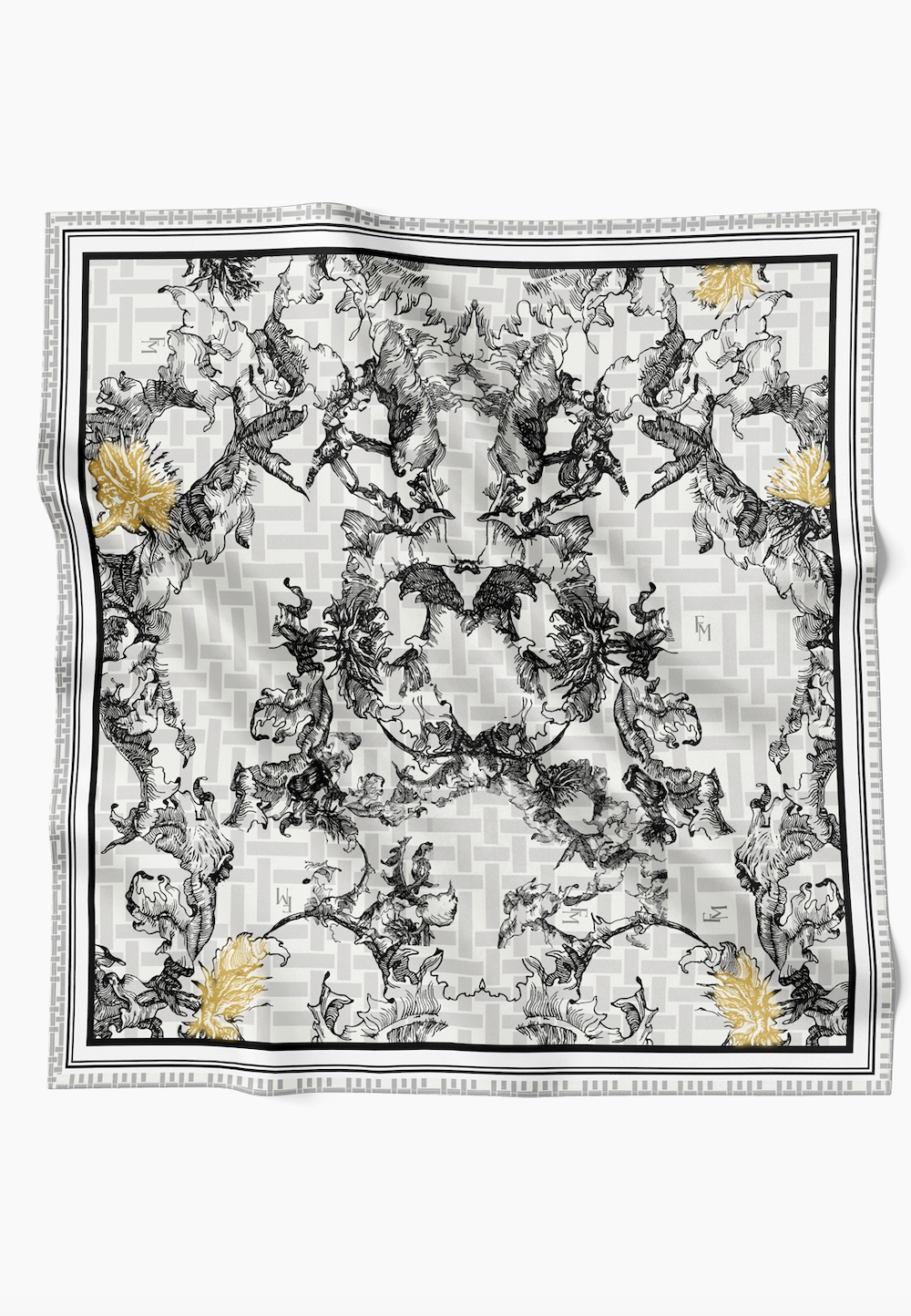 Oriental Blooms Geometric Scarf in Cotton Voile - Black