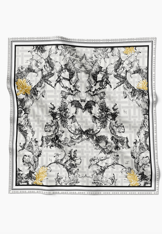 Oriental Blooms Geometric Scarf in Cotton Voile - Black