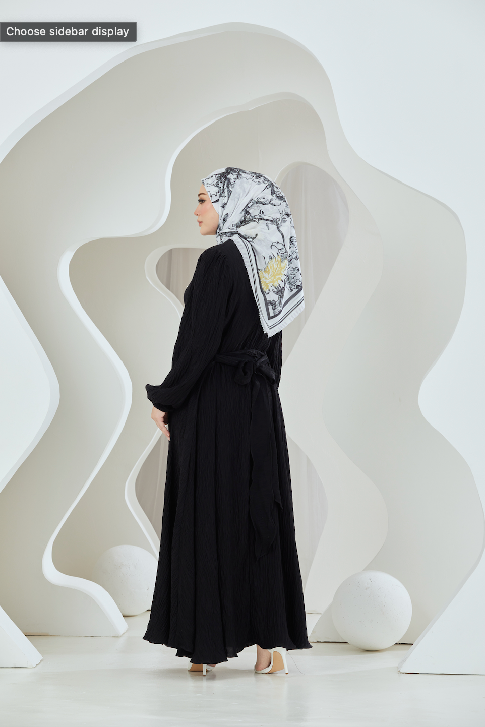 Oriental Blooms Geometric Scarf in Cotton Voile - Black