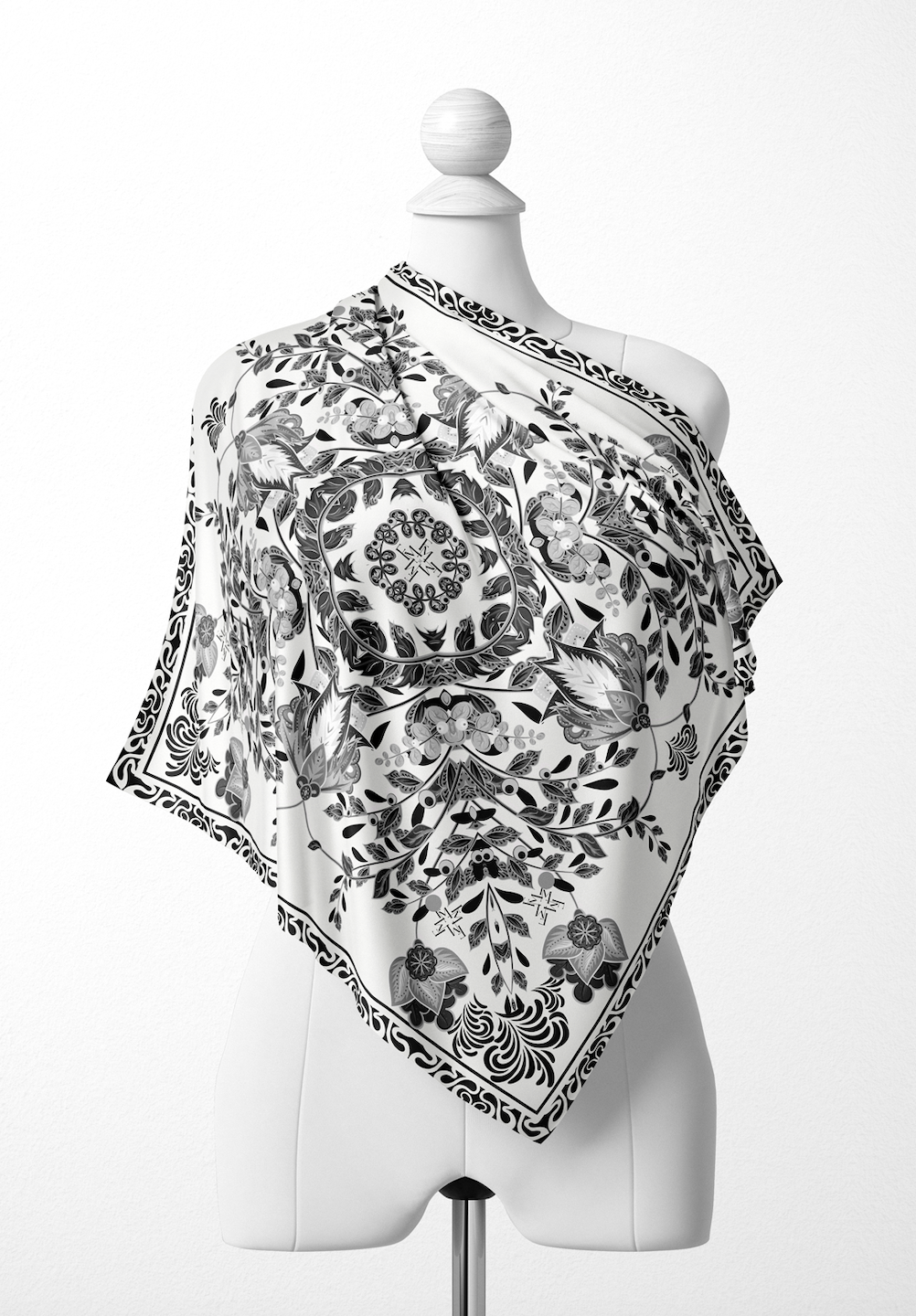 Blossom Mandala Elegance Scarf in Cotton Voile - Black