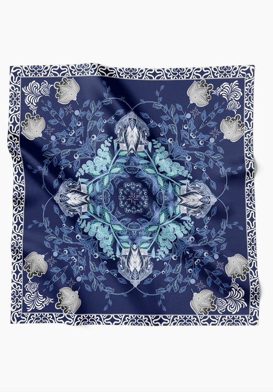 Blossom Mandala Elegance Scarf in Cotton Voile - Sapphire