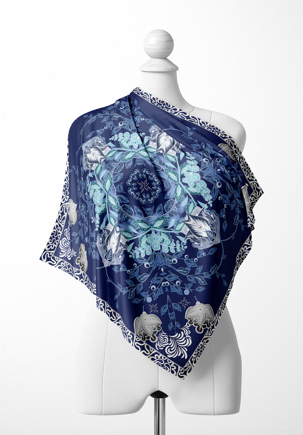 Blossom Mandala Elegance Scarf in Cotton Voile - Sapphire