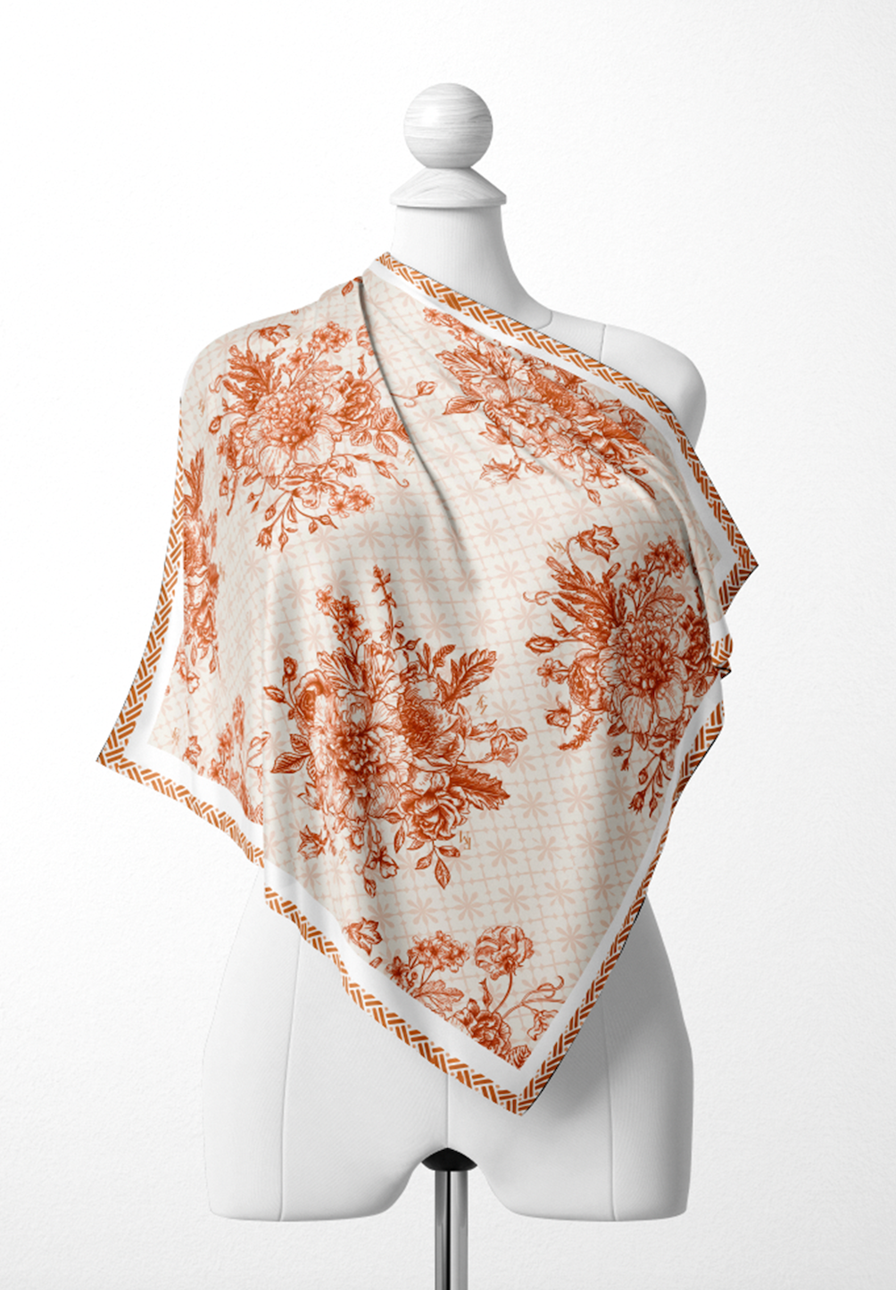 Bouquet Elegance Scarf in Cotton Voile - Burnt Orange