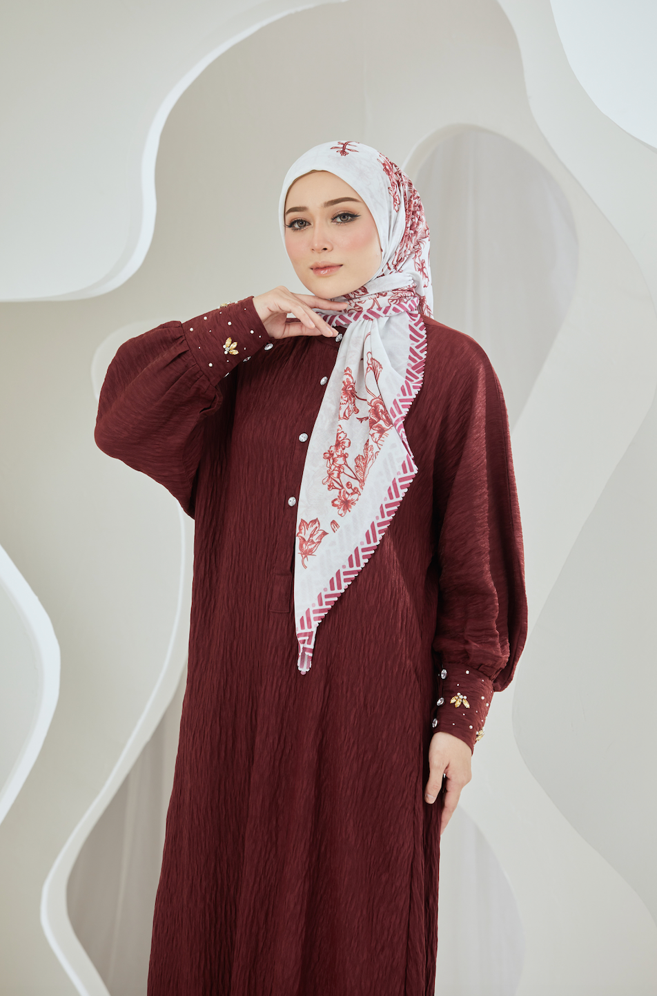 Bouquet Elegance Scarf in Cotton Voile - Burnt Orange