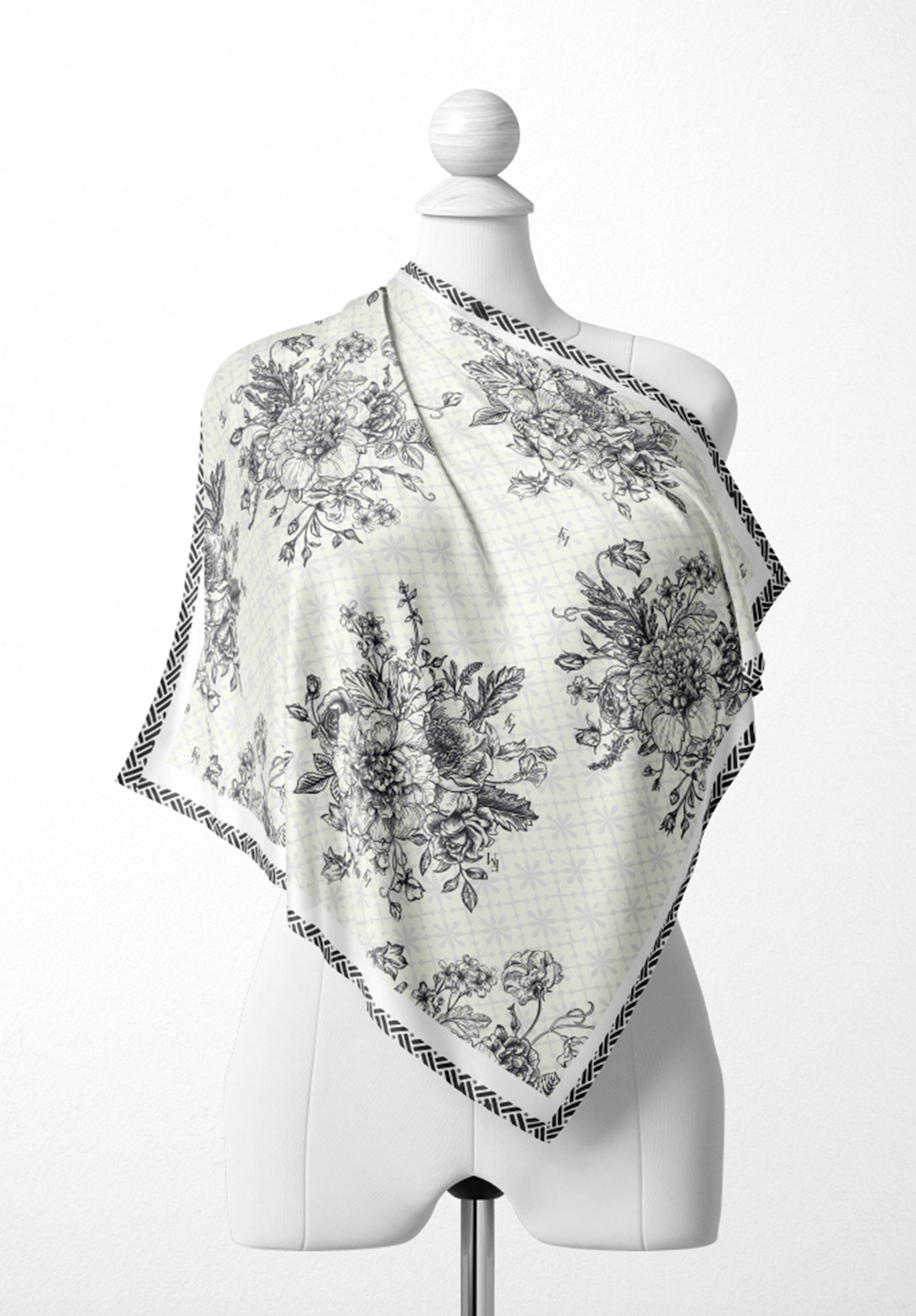 Bouquet Elegance Scarf in Cotton Voile - White