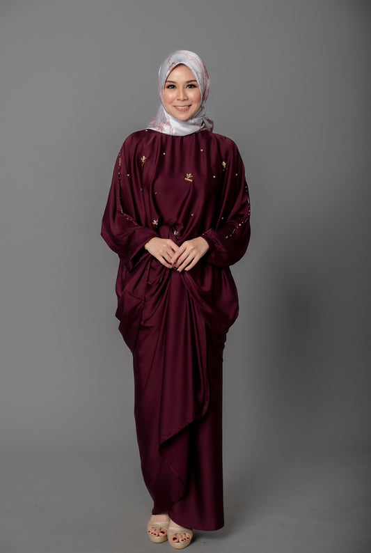 Beaded Tunic & Wrap Skirt Set (Burgundy)