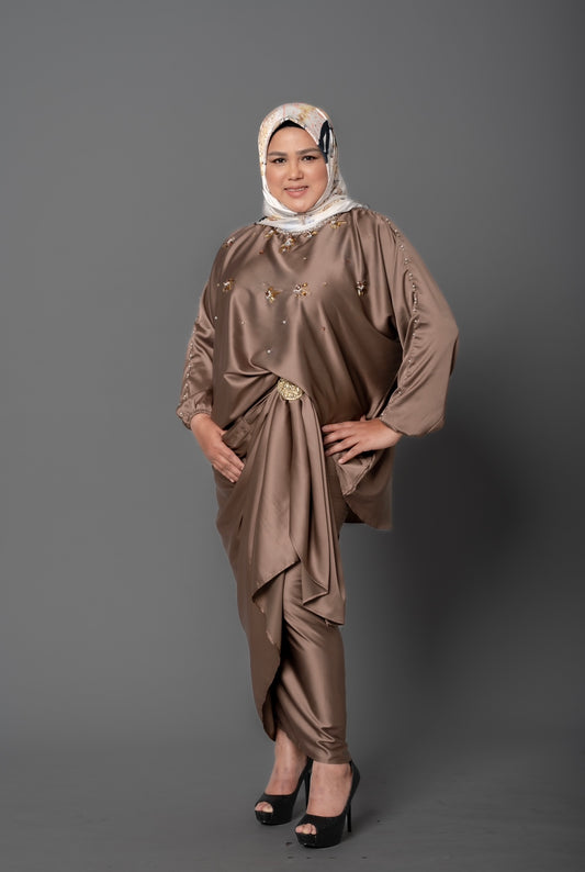 Beaded Tunic & Wrap Skirt Set (Brown)