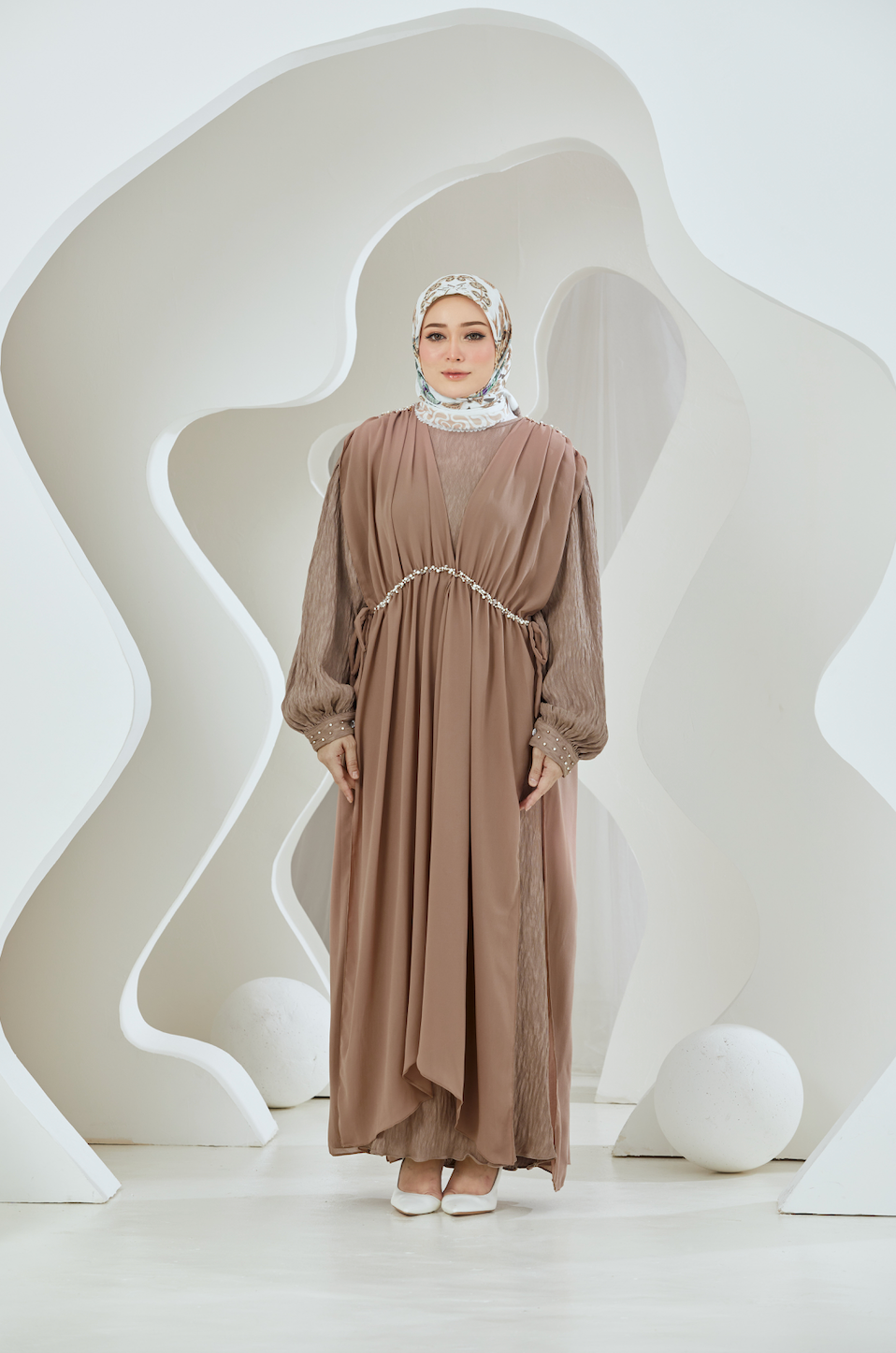 Crinkled Rayon Dress with Chiffon Maxi Overlay - Sand