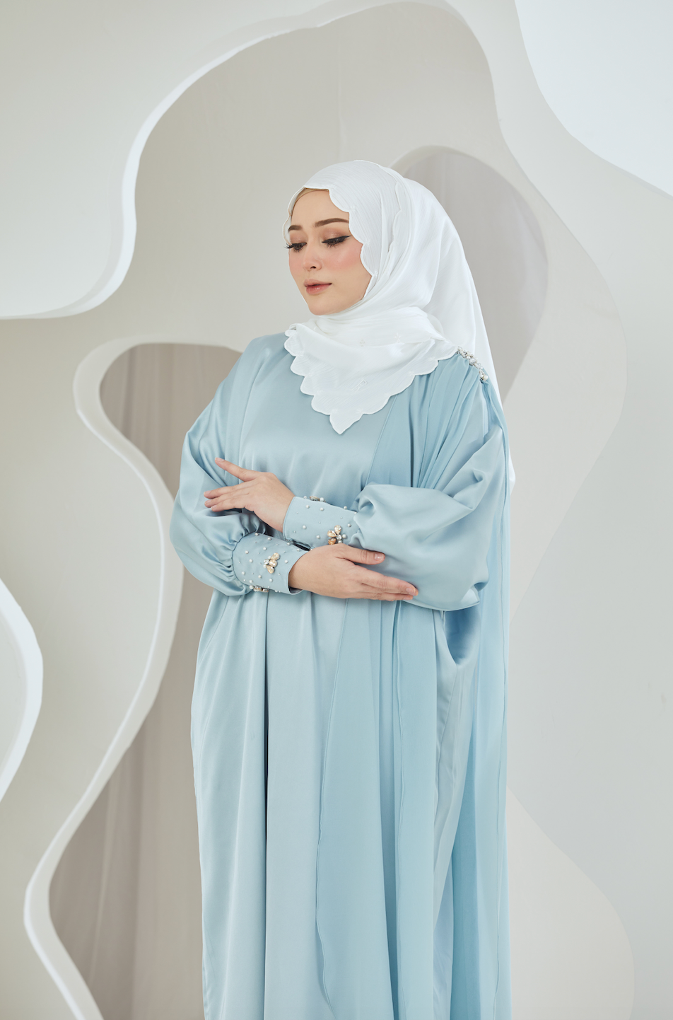 Embellished Duchess Satin Abaya - Blue