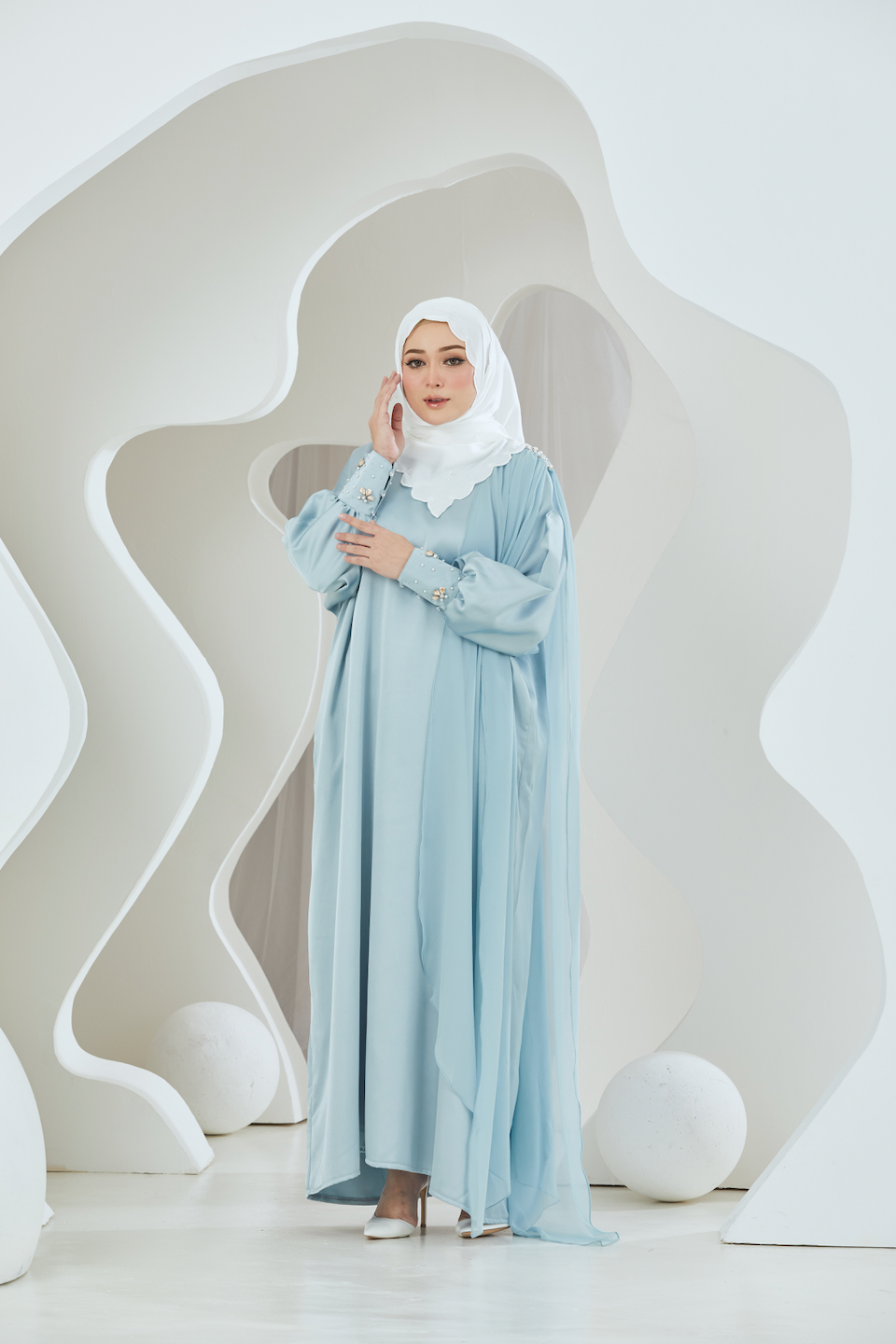 Embellished Duchess Satin Abaya - Blue