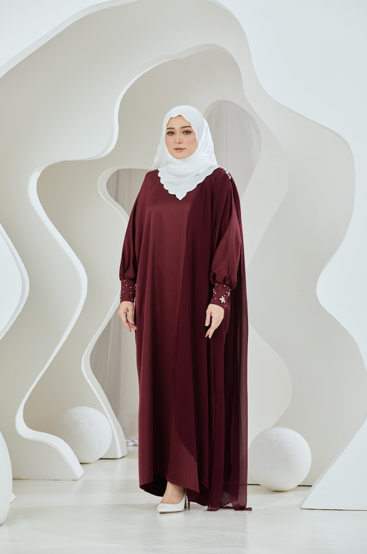 Embellished Duchess Satin Abaya - Oxblood