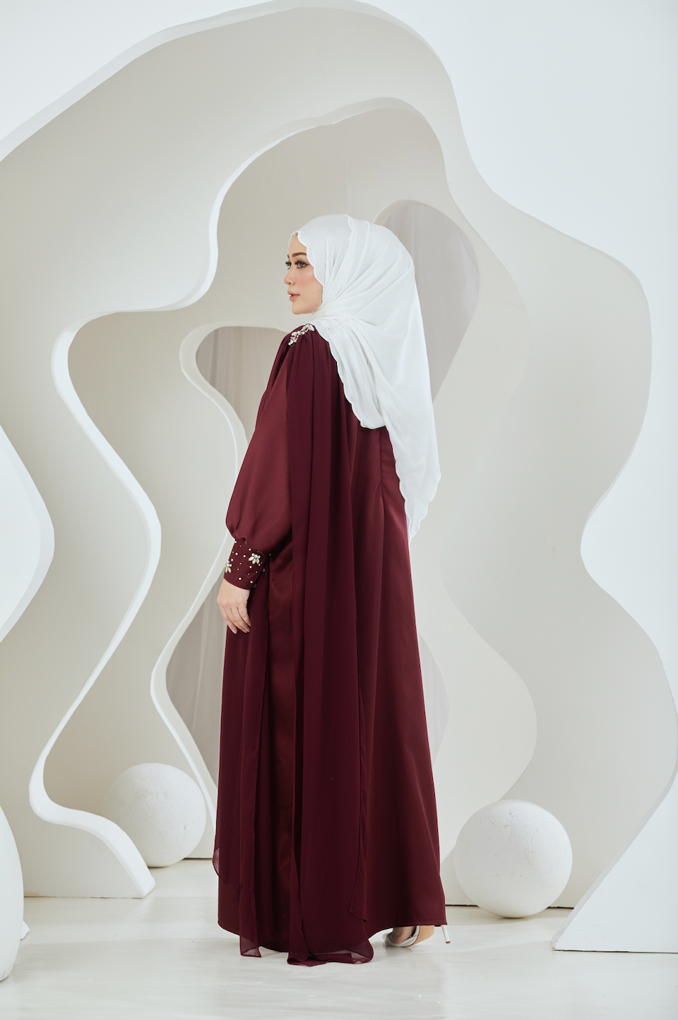 Embellished Duchess Satin Abaya - Oxblood
