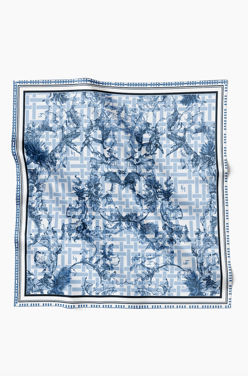 Oriental Blooms Geometric Scarf in Cotton Voile - Navy