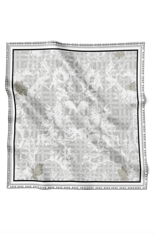 Oriental Blooms Geometric Scarf in Cotton Voile - Grey