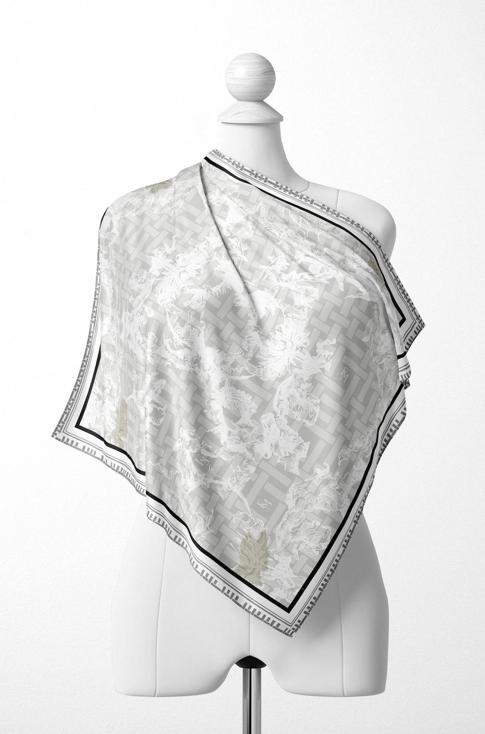 Oriental Blooms Geometric Scarf in Cotton Voile - Grey