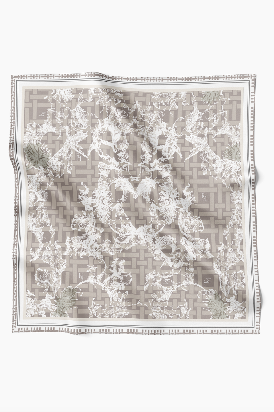 Oriental Blooms Geometric Scarf in Cotton Voile - Mocha