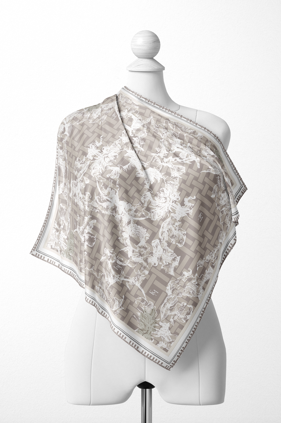 Oriental Blooms Geometric Scarf in Cotton Voile - Mocha