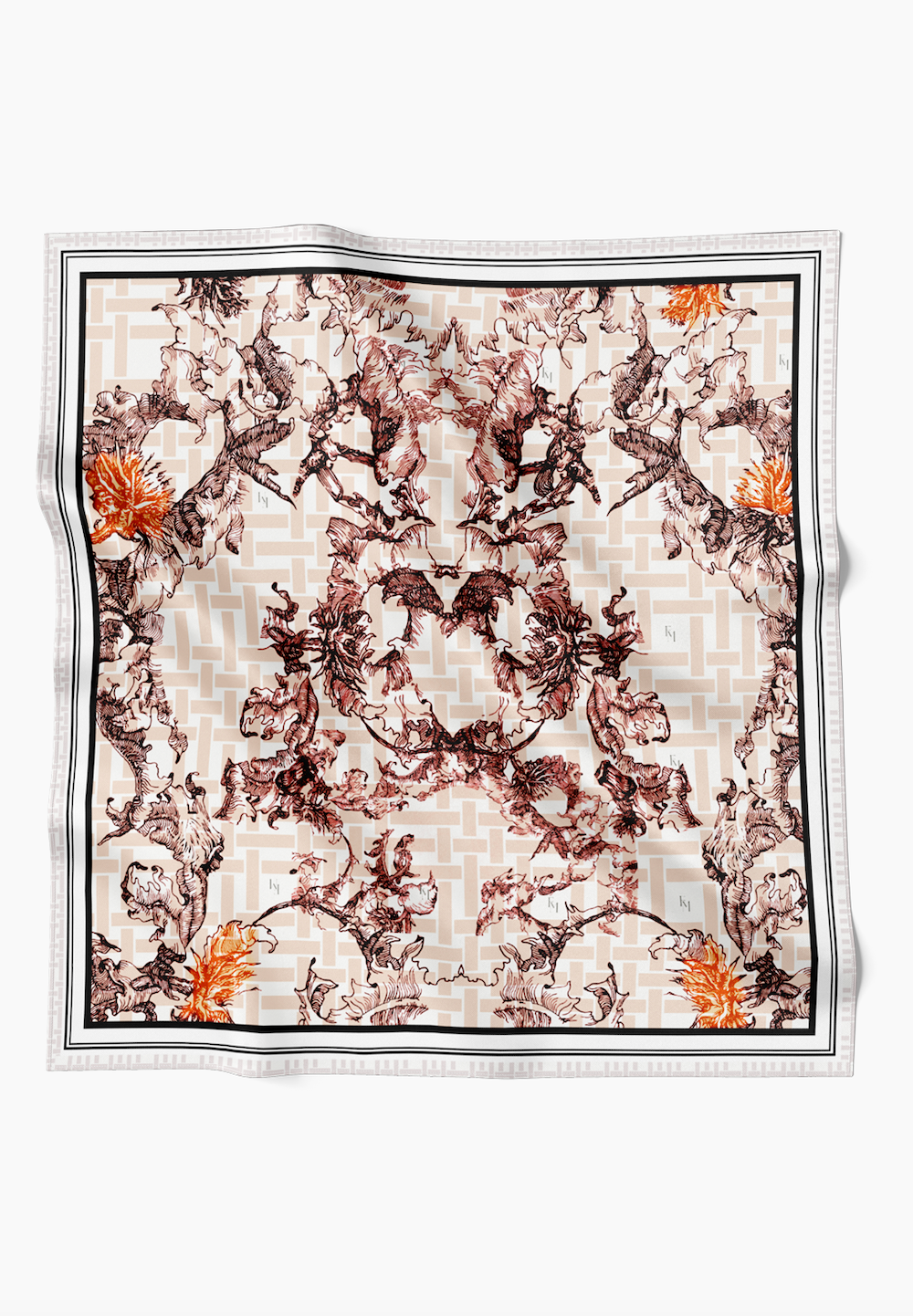 Oriental Blooms Geometric Scarf in Cotton Voile - Rust