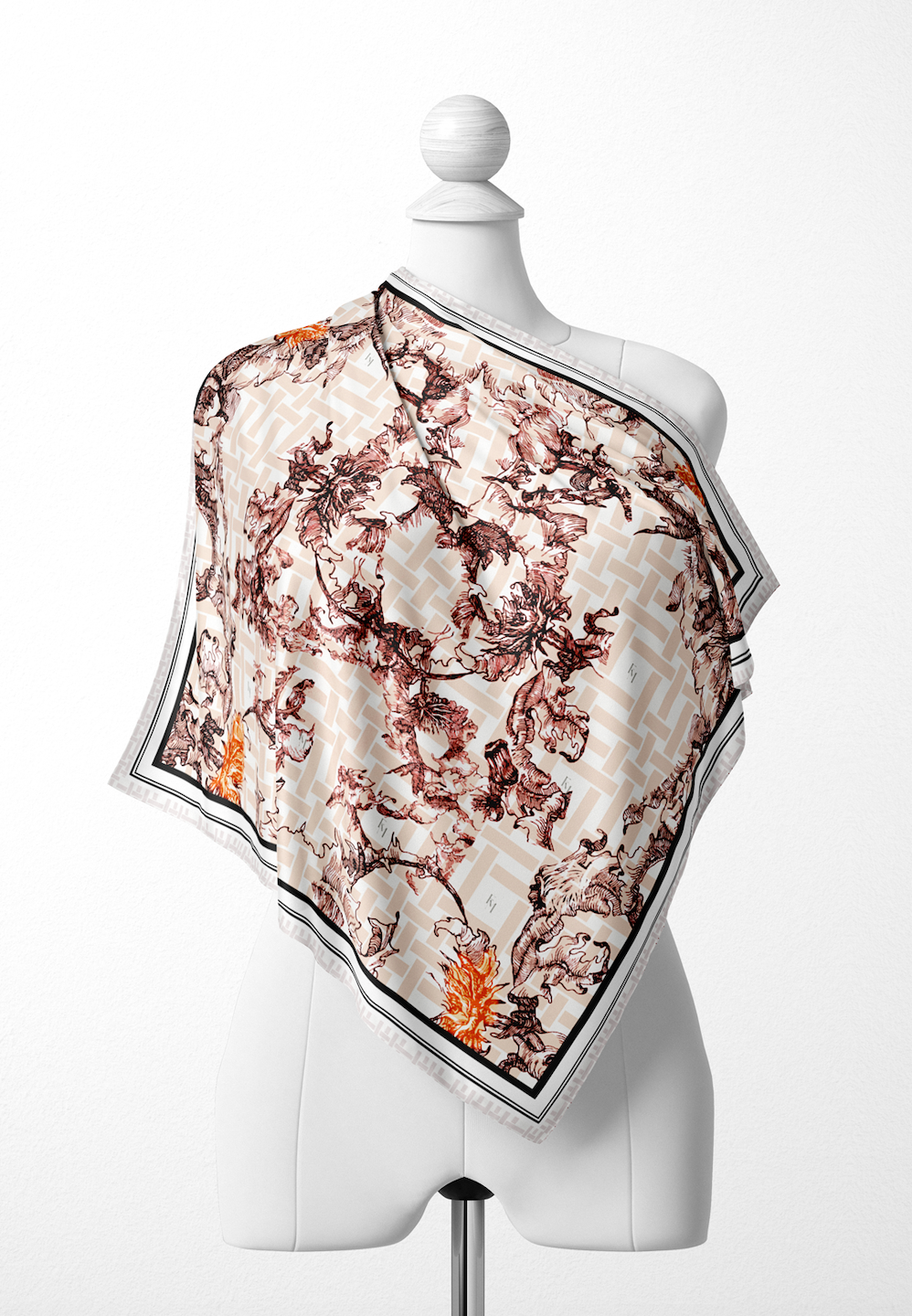 Oriental Blooms Geometric Scarf in Cotton Voile - Rust