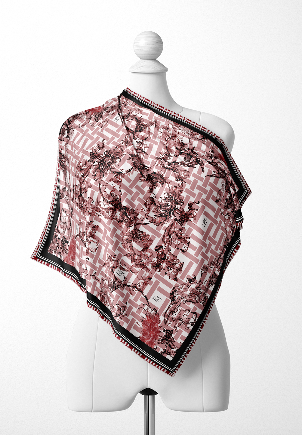 Oriental Blooms Geometric Scarf in Cotton Voile - Berry