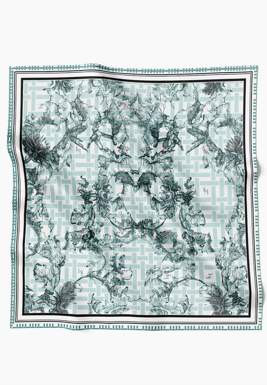 Oriental Blooms Geometric Scarf in Cotton Voile - Teal