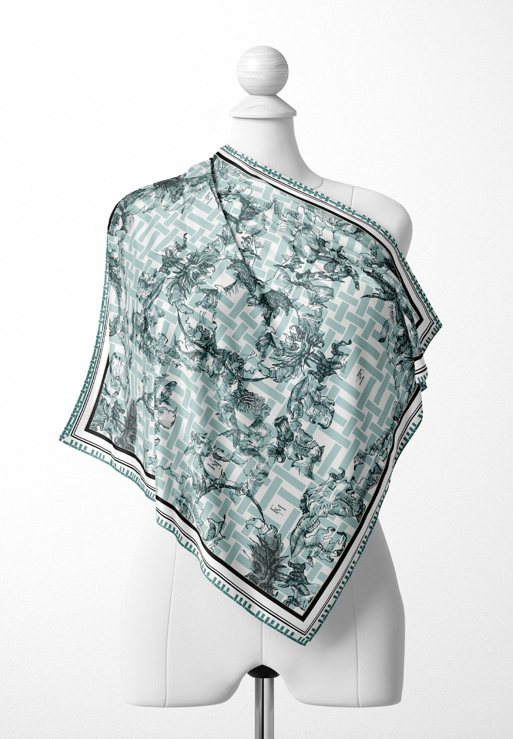 Oriental Blooms Geometric Scarf in Cotton Voile - Teal