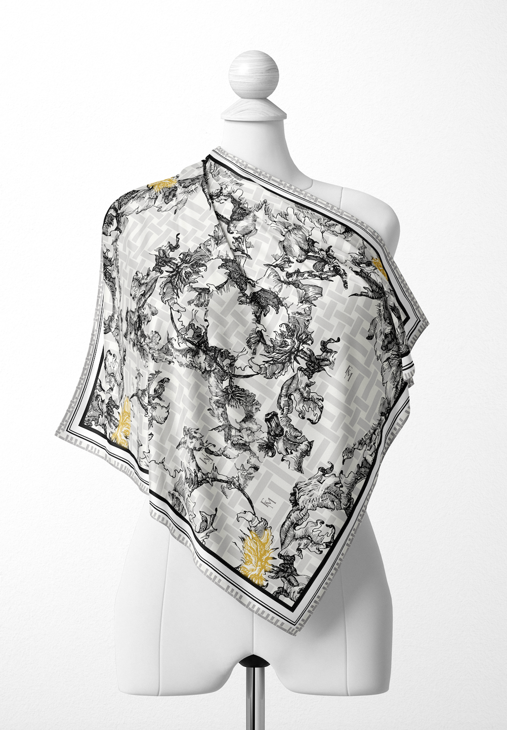 Oriental Blooms Geometric Scarf in Cotton Voile - Black
