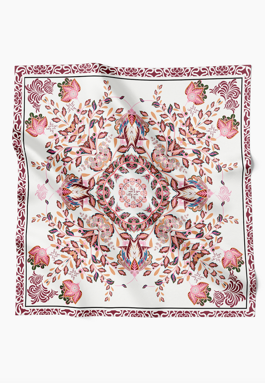 Blossom Mandala Elegance Scarf in Cotton Voile - Ruby