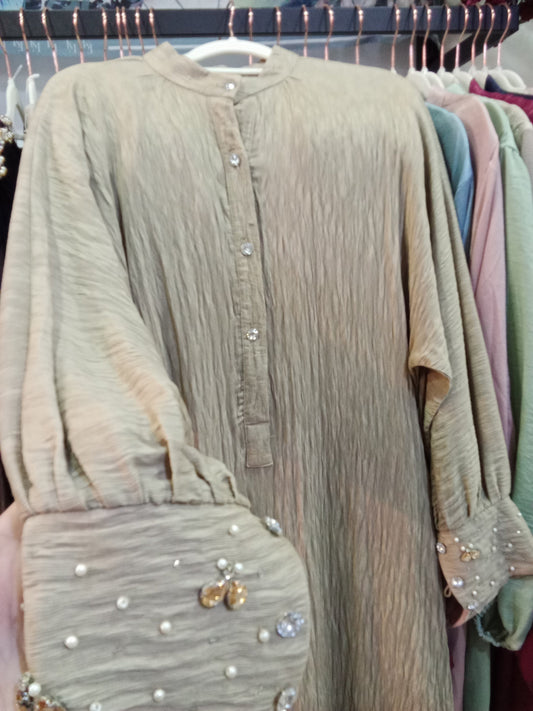 Crinkled Rayon Maxi Shirt Dress With Embellished Cuffs - Champagne
